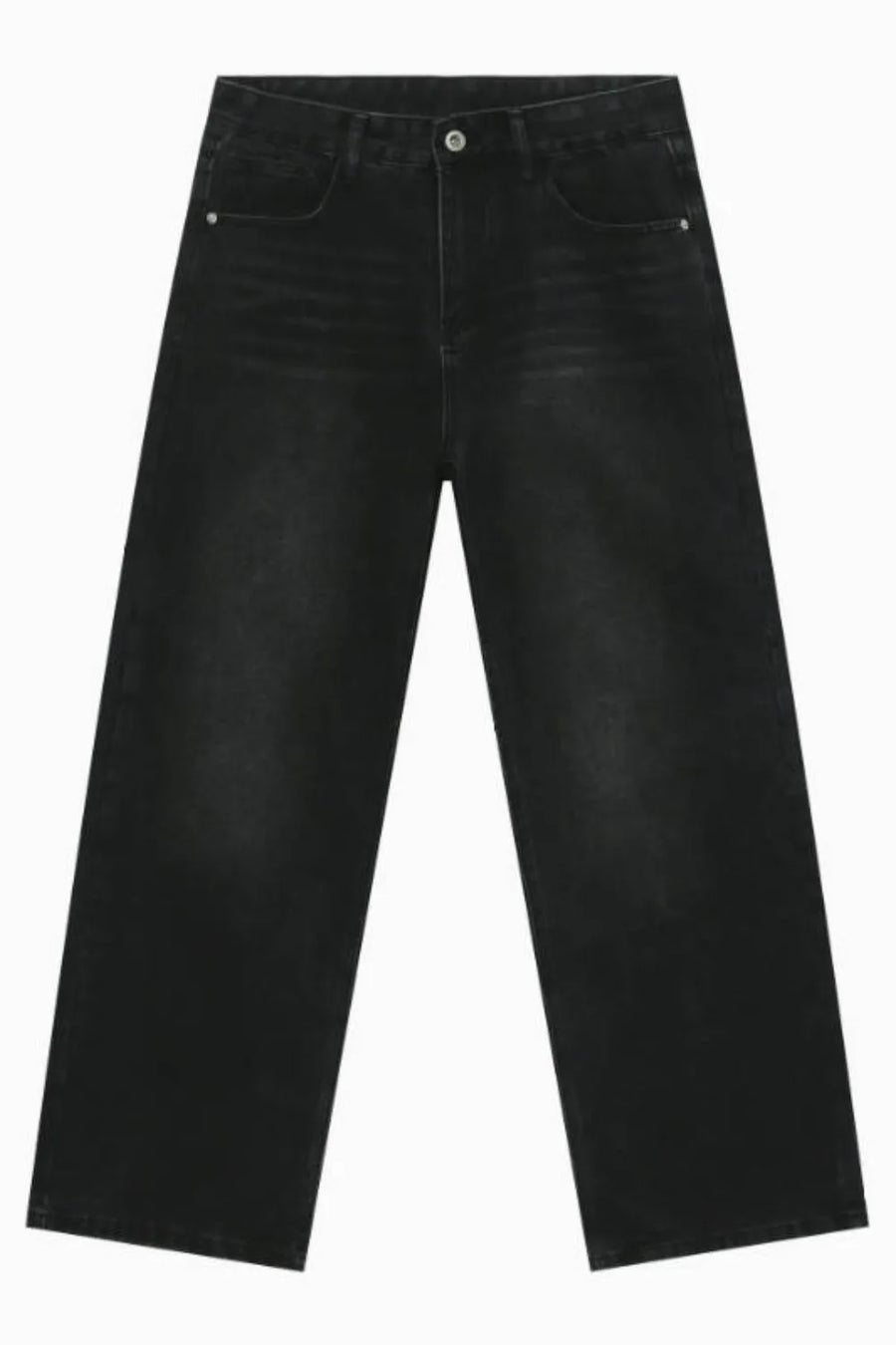 Black wide leg denim jeans with a relaxed fit and subtle whiskering.