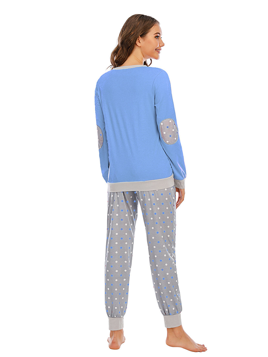 Pastel blue lounge set with grey polka dot pants and contrast trim.