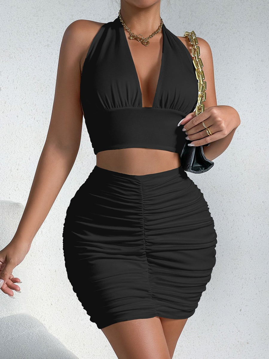 glam two-piece set in black with halter