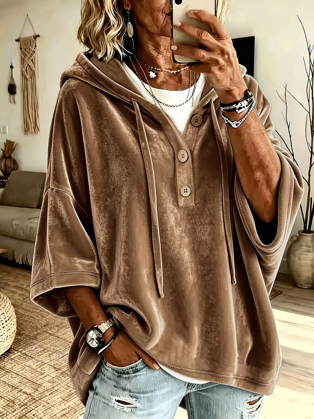 Sky Blue relaxed pullover hoodie with hooded, v-neck