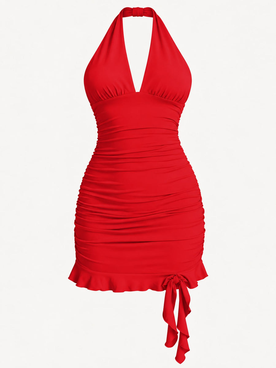 Lotus Root Pink fitted mini dress with halter