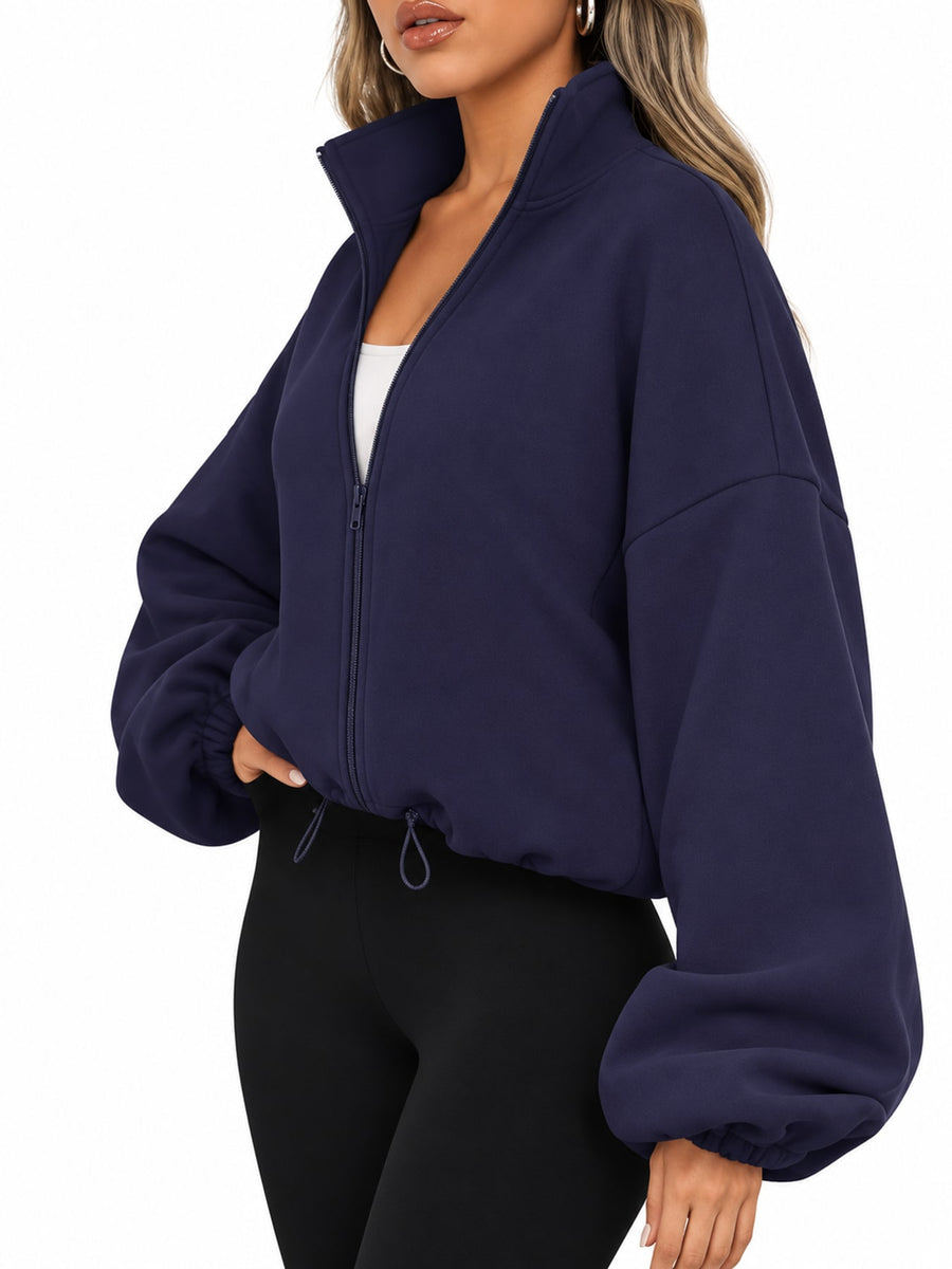 Drawstring Hem Zip Up Jacket in Ivory with zipper