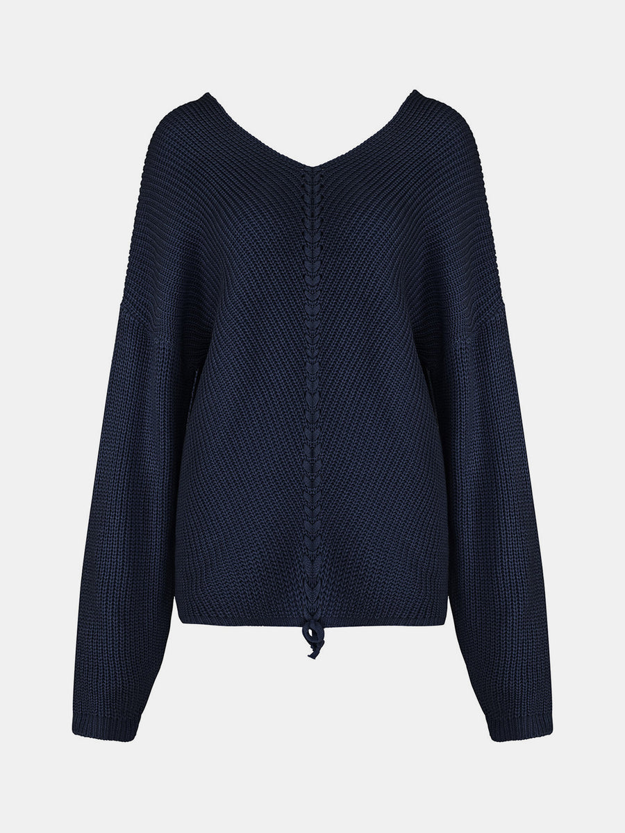 Dark Blue knit sweater with V-neck and lace-up detail on back.