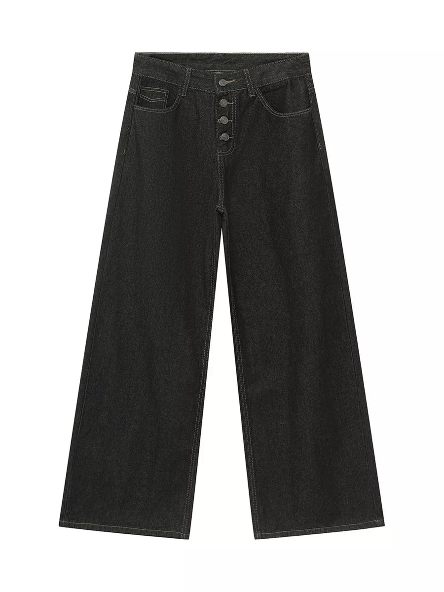 Relaxed fit dark wash denim jeans with button fly and white stitching.