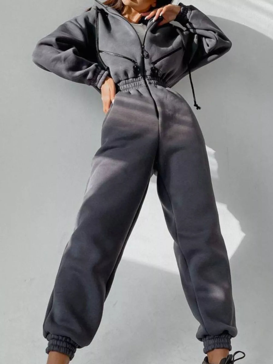 Rose Red jumpsuit with pocketed and long sleeve