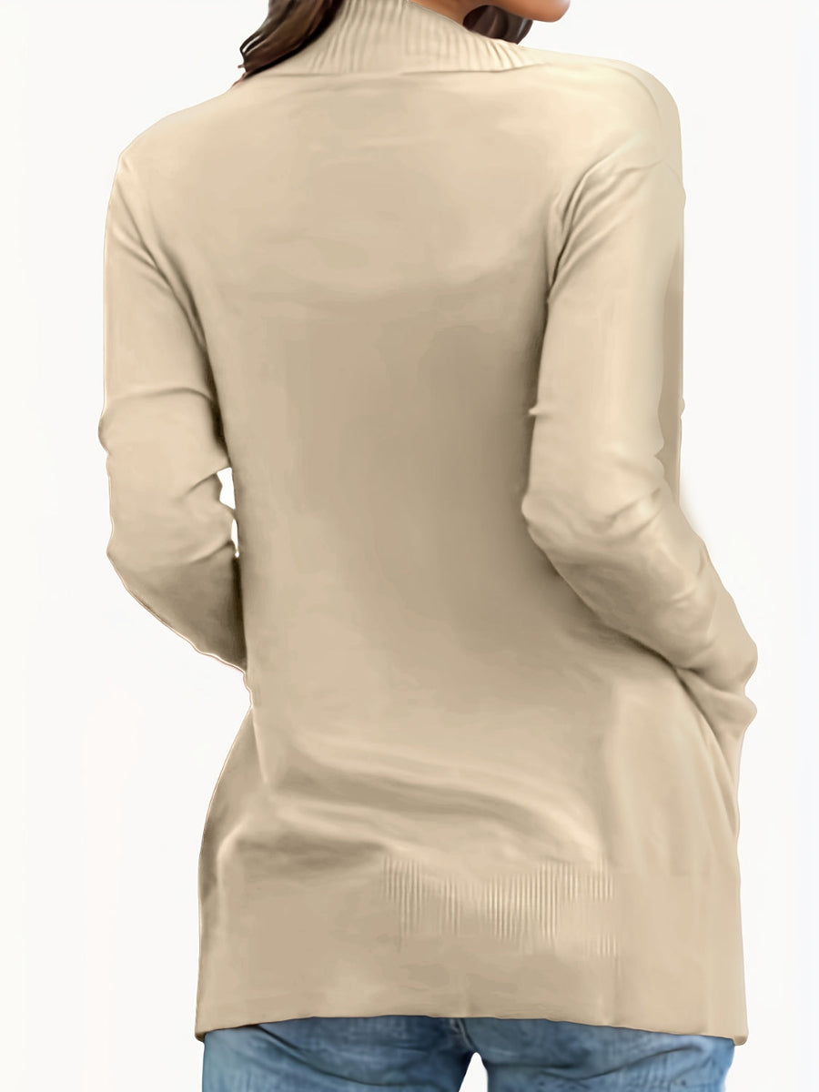 Tan textured knit open-front cardigan with pockets and ribbed hem detail.