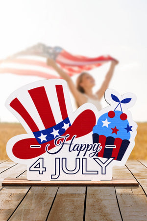 Patriotic Americana wooden tabletop decor with Uncle Sam hat and cupcake, saying Happy 4th July