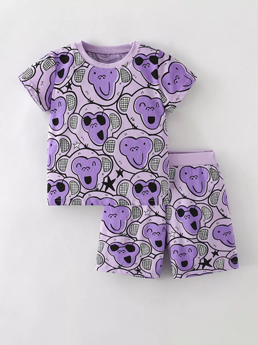 Purple cotton t-shirt and shorts set with a playful monkey print and round neckline.