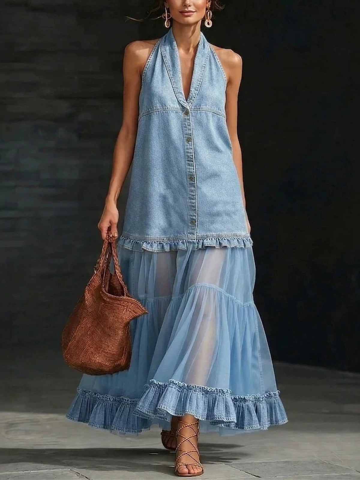 bohemian maxi dress in denim blue with halter