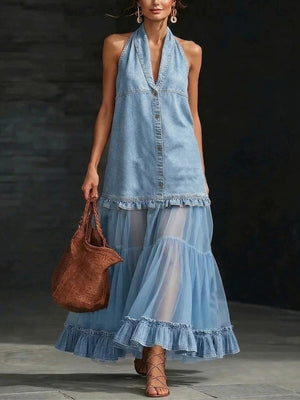 bohemian maxi dress in denim blue with halter