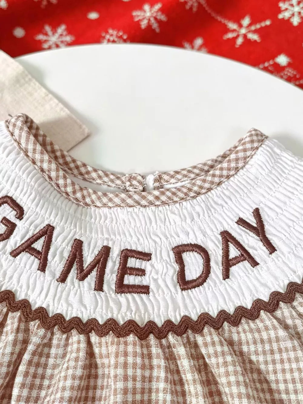 Children's Gingham Football Puff Sleeve Dress in Brown