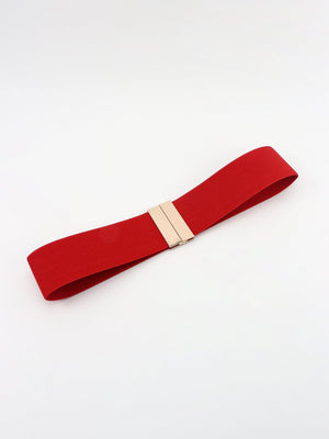 Wide elastic belt in Deep Red with a gold-tone clasp.