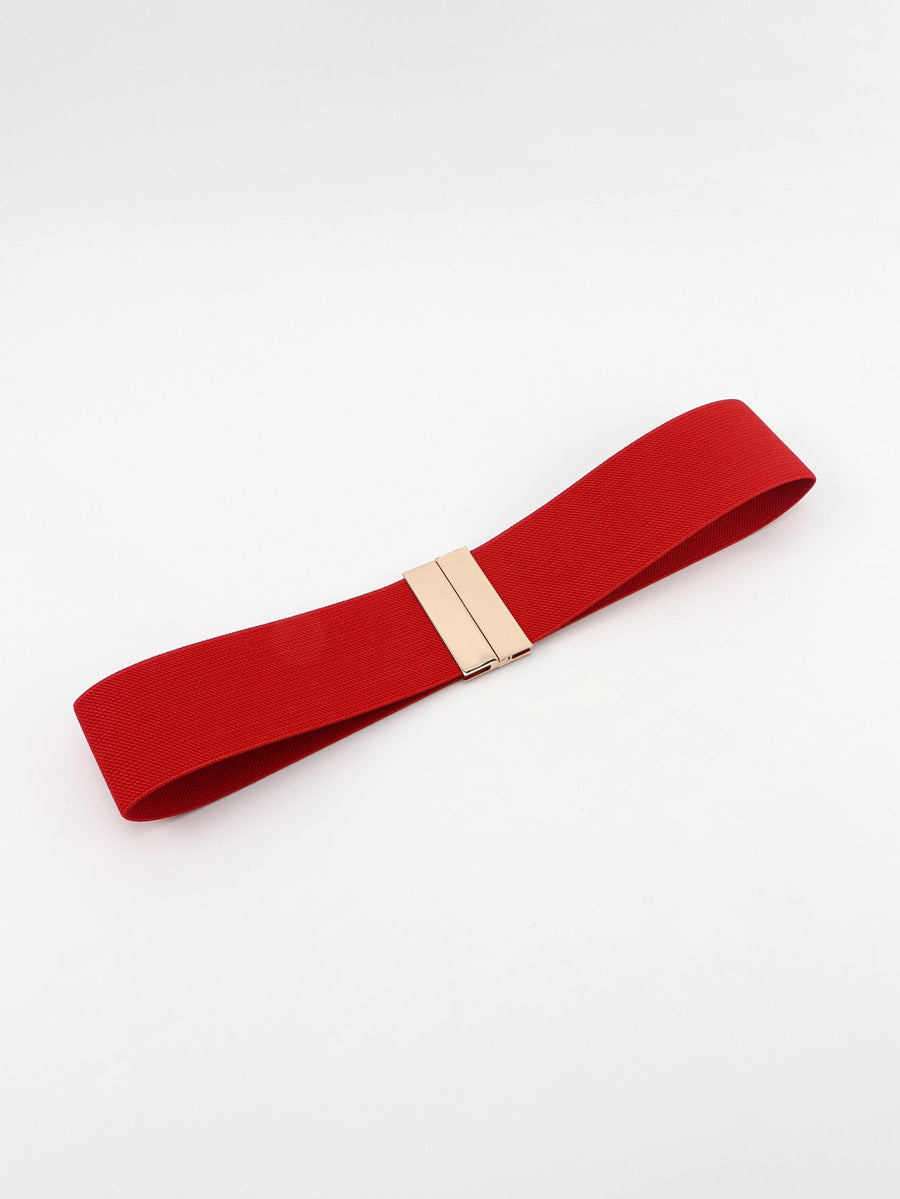 Wide elastic belt in Deep Red with a gold-tone clasp.