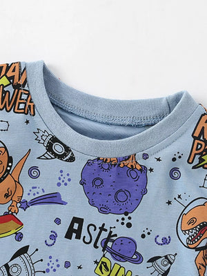 Light blue crewneck t-shirt with dinosaur and space print.