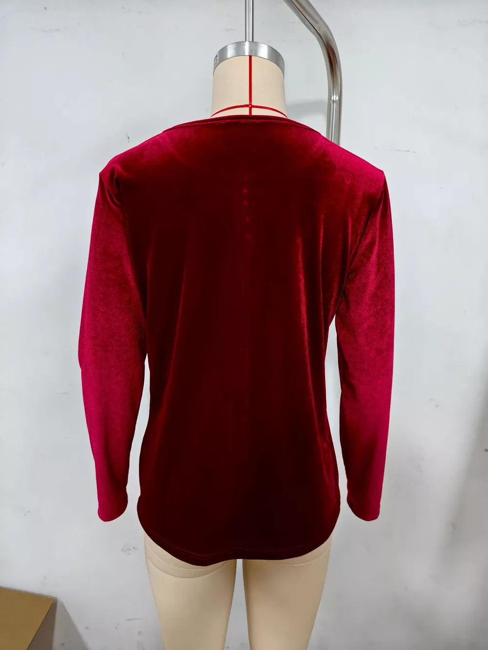 Velvet Long Sleeve Ruched Top in Black with decorative button
