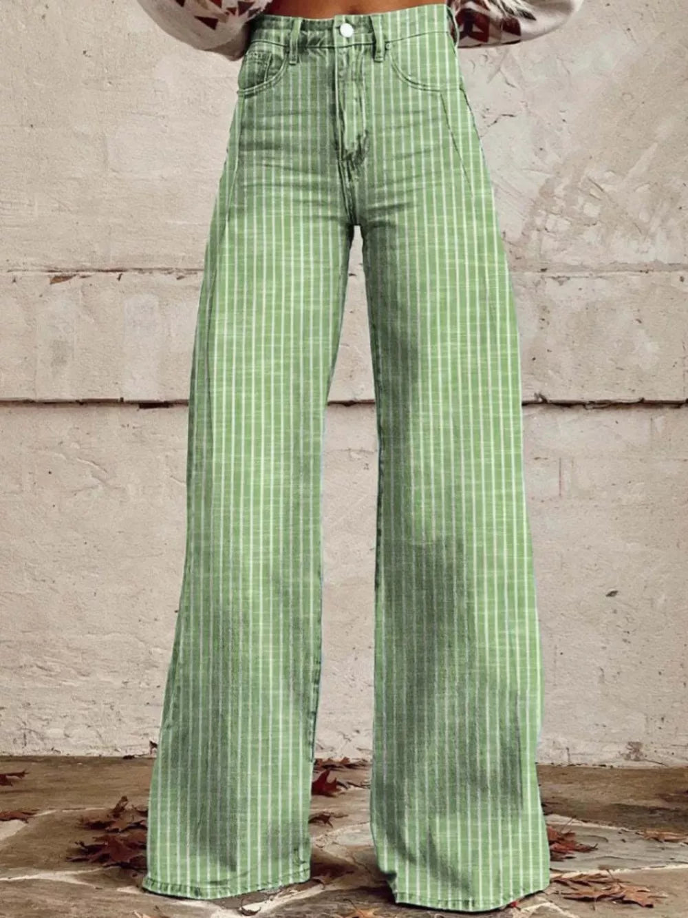 Green striped high-waisted wide-leg denim jeans with pockets