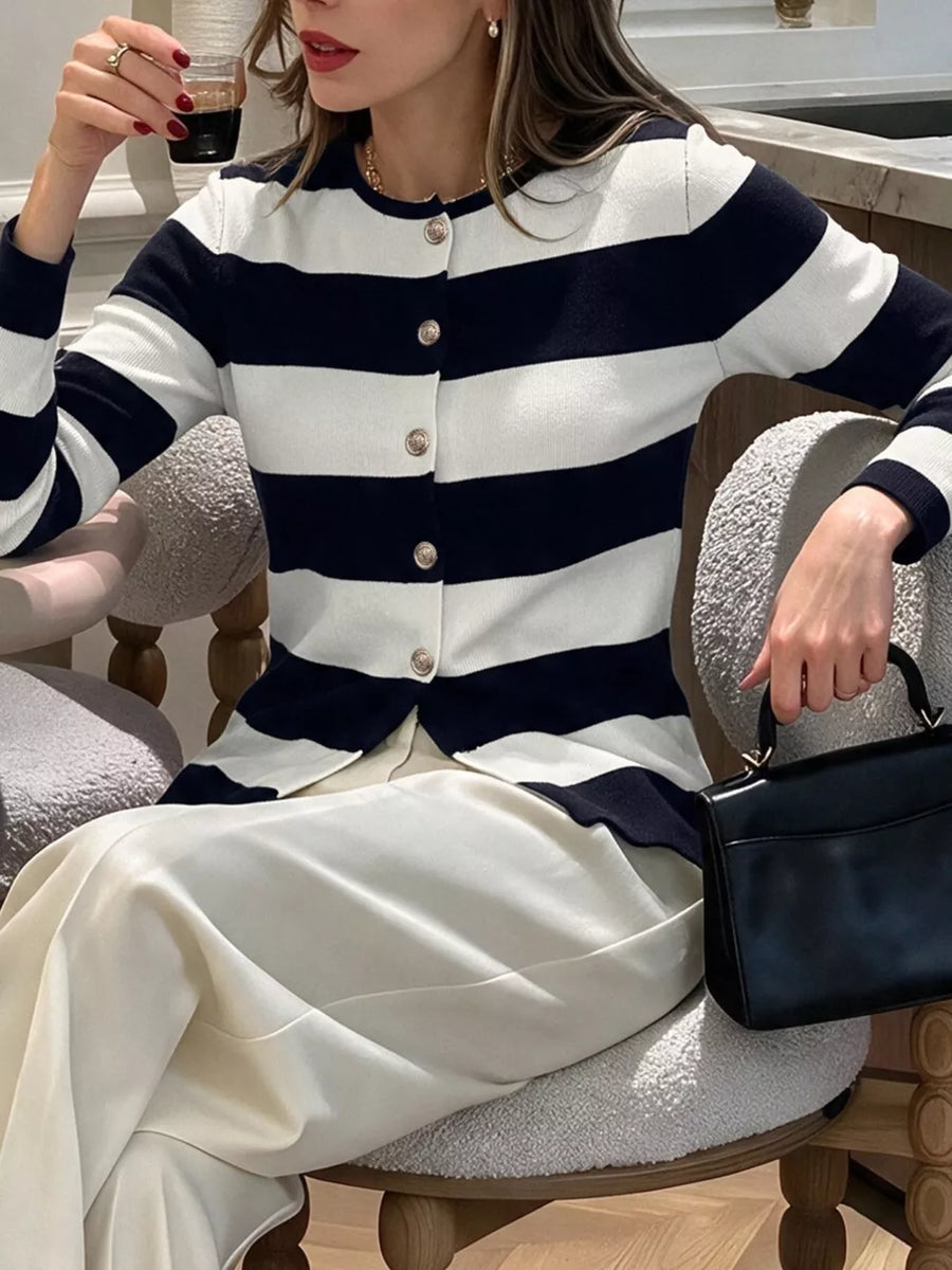 black cardigan with hip-length and button-front