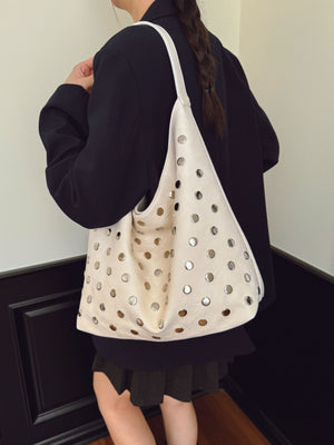 Studded Hobo Shoulder Bag in Beige with studded