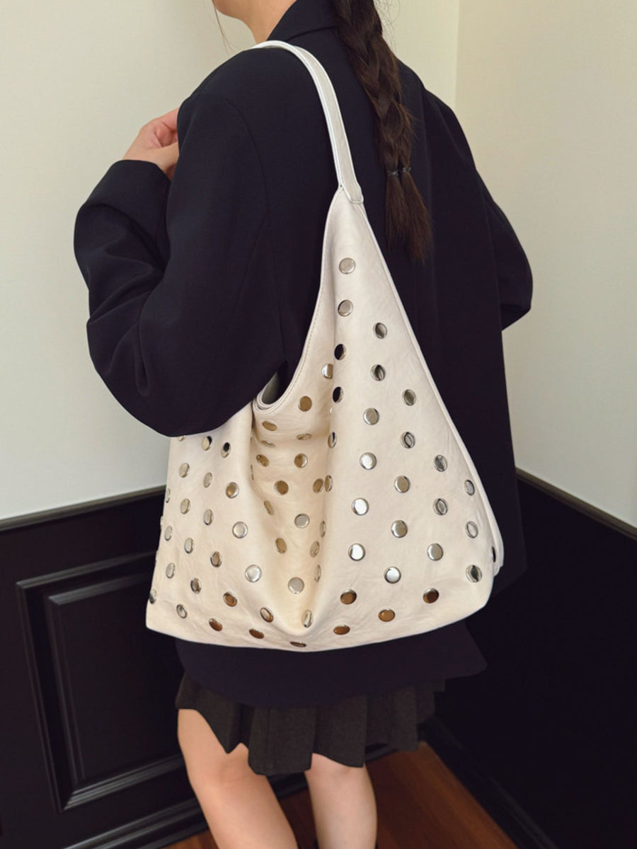 Studded Hobo Shoulder Bag in Beige with studded