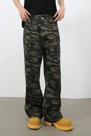Wide-leg camo denim trousers in black with a relaxed fit and cargo pockets.