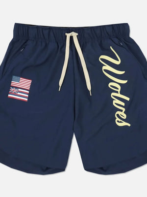 Navy active drawstring shorts with Wolves script logo and flag patch.