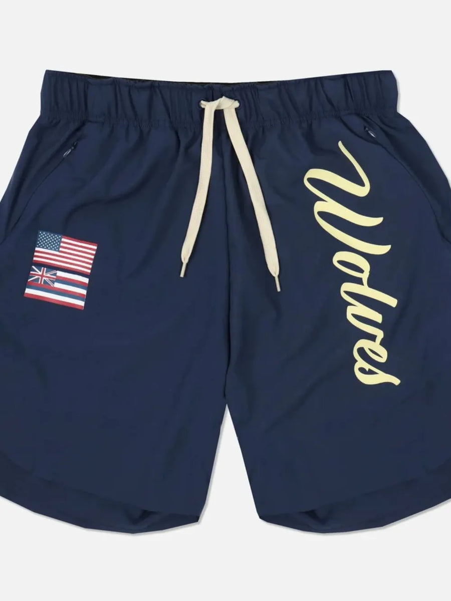 Navy active drawstring shorts with Wolves script logo and flag patch.