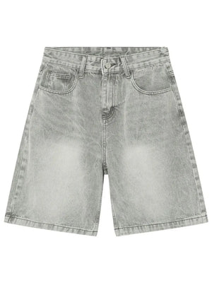 Baggy denim bermuda shorts in gray with a washed effect and buttoned fly.