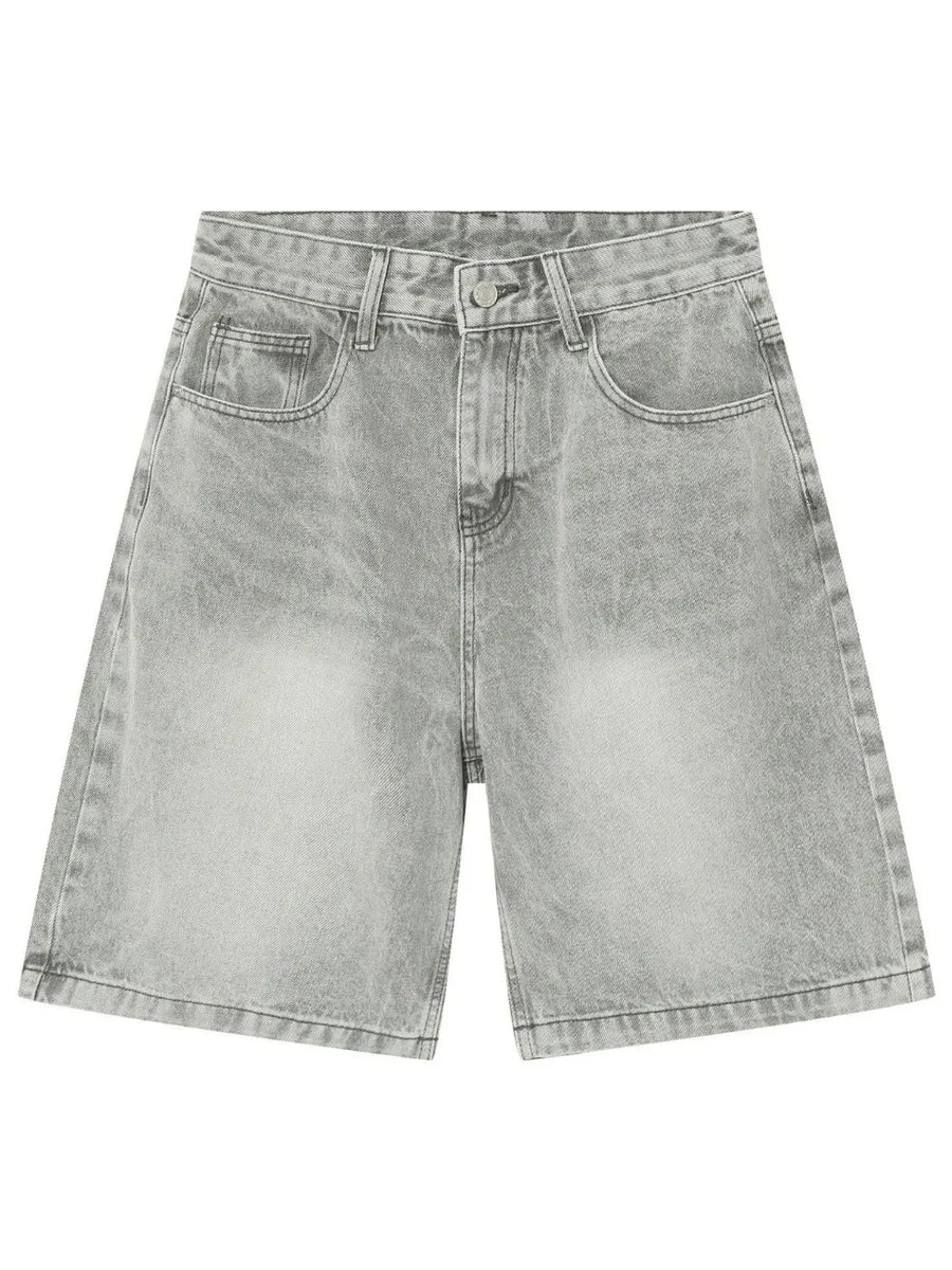 Baggy denim bermuda shorts in gray with a washed effect and buttoned fly.
