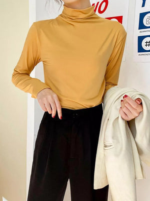 Khaki Solid Color Turtleneck Long Sleeve T-shirt