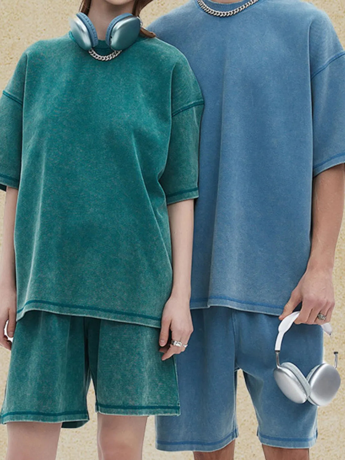 Vintage wash boxy t-shirt in deep teal and light blue, with crew neck and short sleeves.