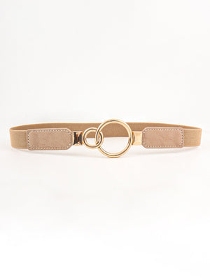Tan elastic belt with interlocked gold rings and faux leather ends.