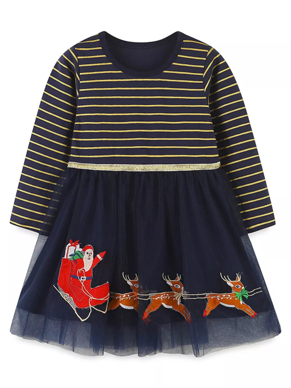Navy tulle dress with Santa and reindeer embroidery, gold striped top.