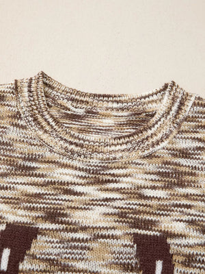 Horseshoe Knit Sweater Vest in brown and cream marled acrylic with crewneck.