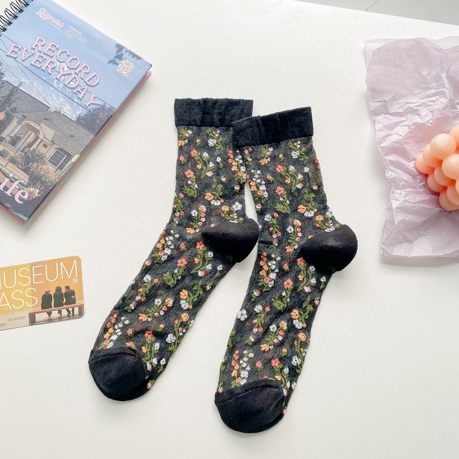 lavender socks with elastic and ditsy floral