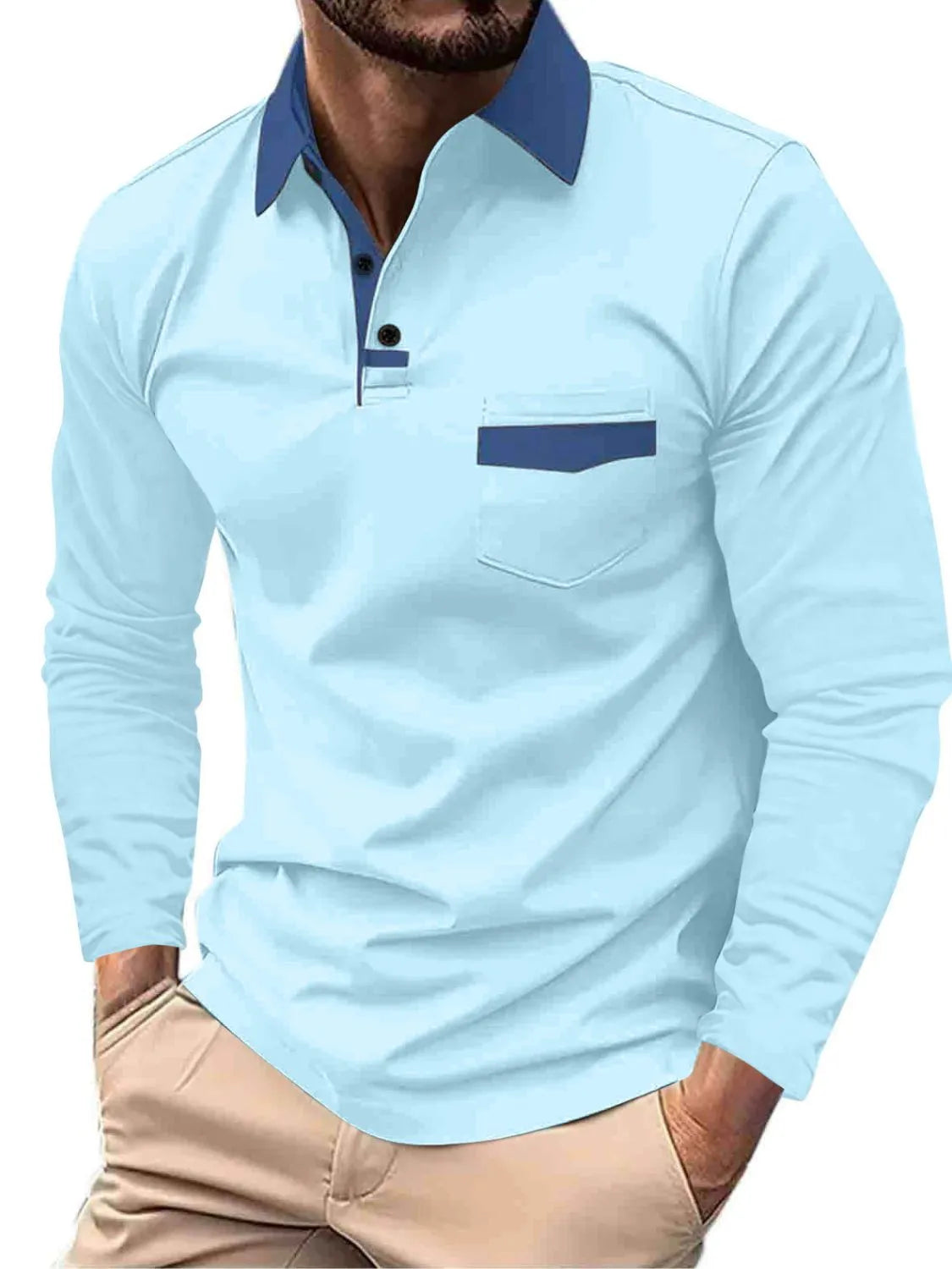 Long sleeve polo shirt in pastel blue with contrast navy collar and pocket detail