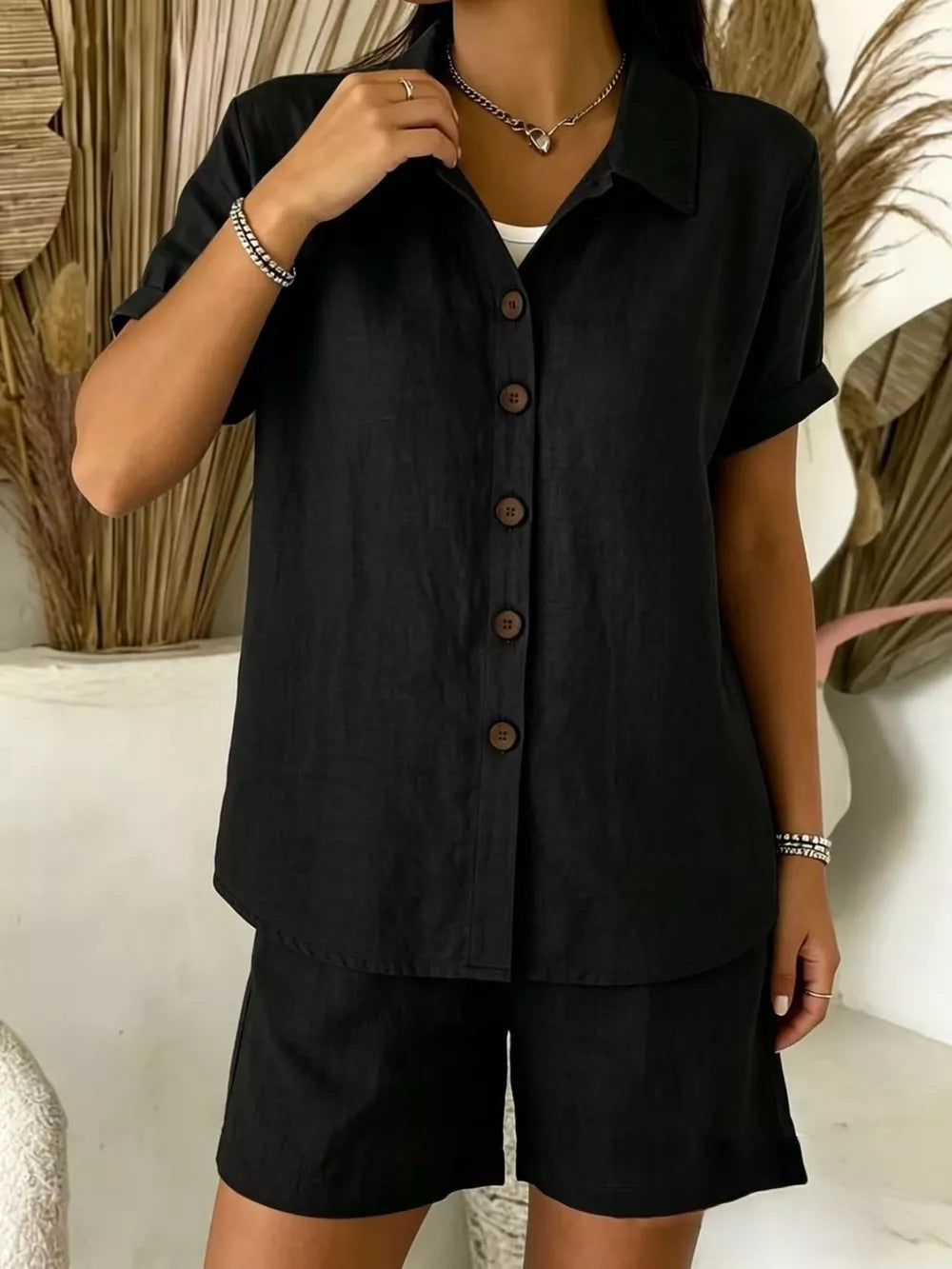Burgundy Full Size Button-up Shirt And Shorts Set Plus Size