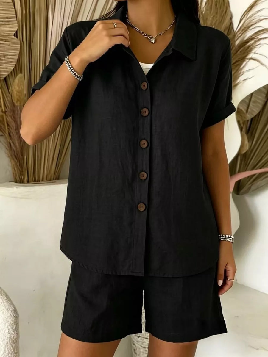 Burgundy Full Size Button-up Shirt And Shorts Set Plus Size