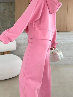 Dusty pink relaxed fit zip-up hoodie and drawstring pants set with a cropped hem and wide leg.