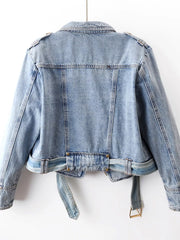 medium wash blue denim jacket with notched lapel and long sleeve