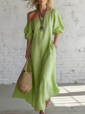 Green One-shoulder Puff Sleeve Maxi Dress