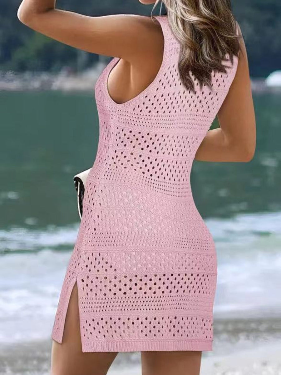 Open-knit beach dress in Dusty Pink with a sleeveless design, scoop neck, and high slit hem.