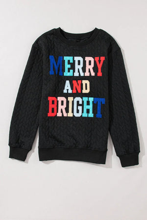 Black textured sweatshirt with "Merry and Bright" embroidered in colorful letters