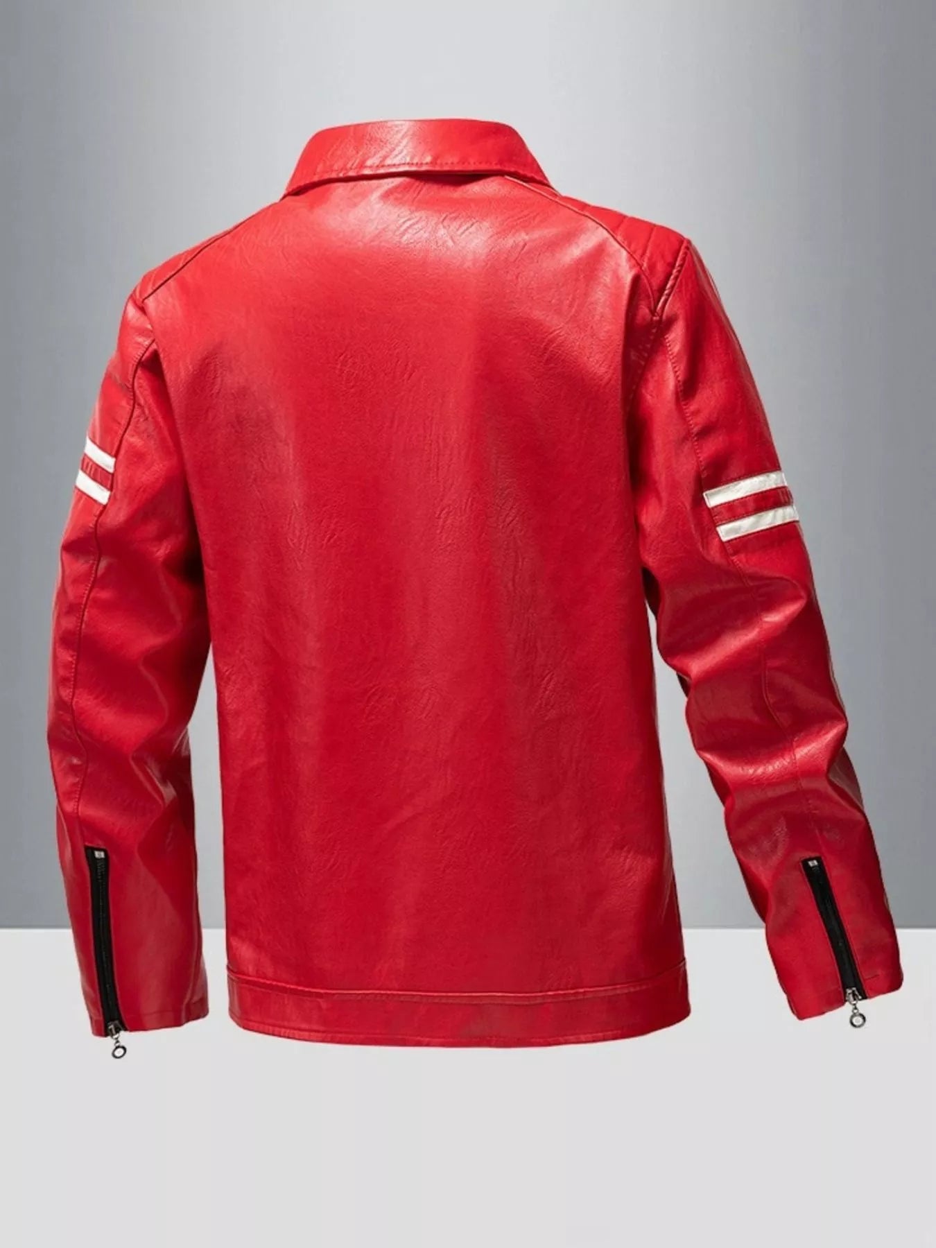 Red leather motorcycle jacket with white stripe accents on sleeves and zippered cuffs.