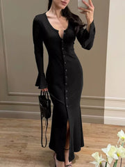 dark brown fitted bodycon dress with scoop neck