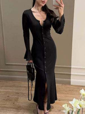dark brown fitted bodycon dress with scoop neck