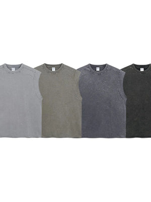Raw edge muscle tank tops in gray, taupe, dark gray, and black with a washed effect.