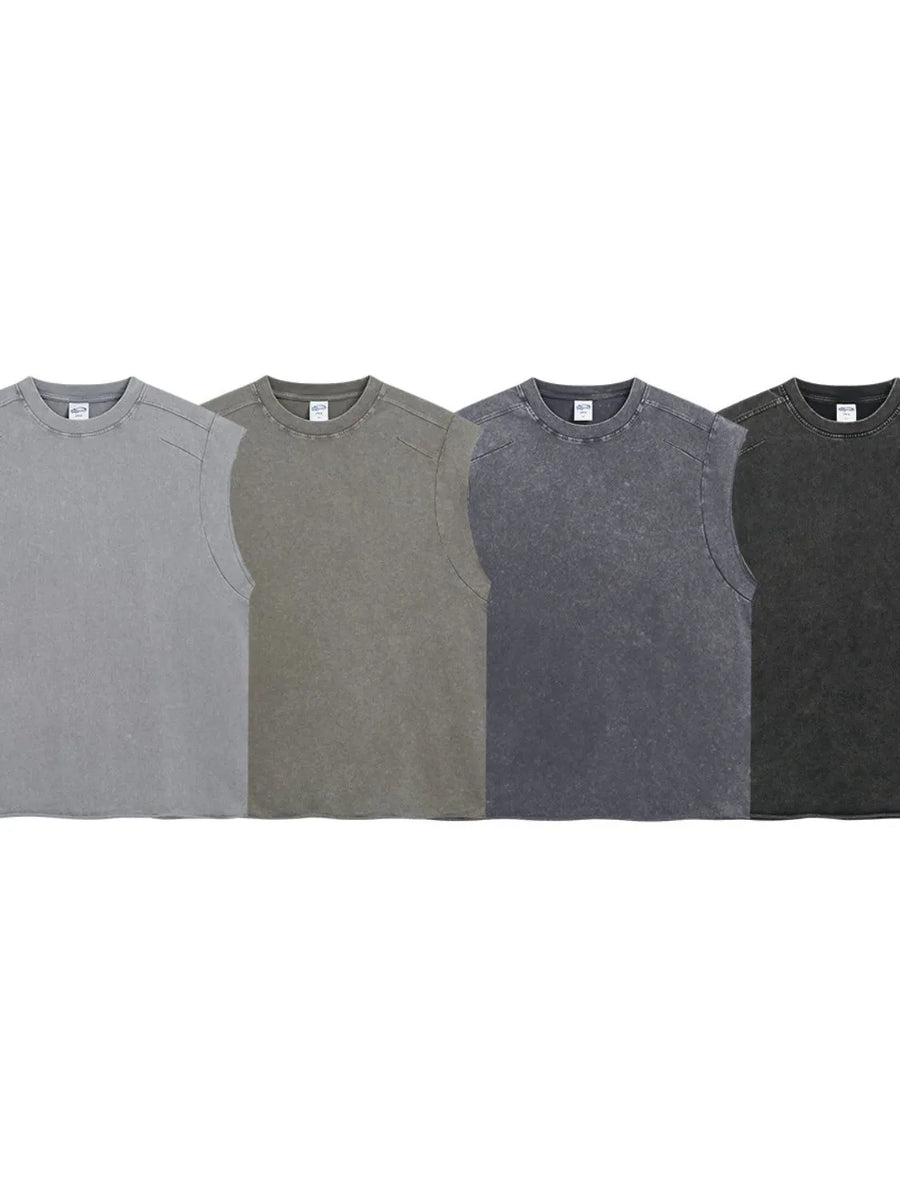 Raw edge muscle tank tops in gray, taupe, dark gray, and black with a washed effect.