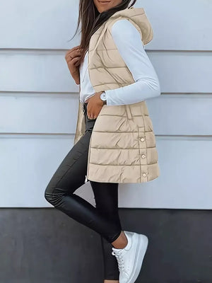 Bright Red puffer vest with thigh-length and zip-front
