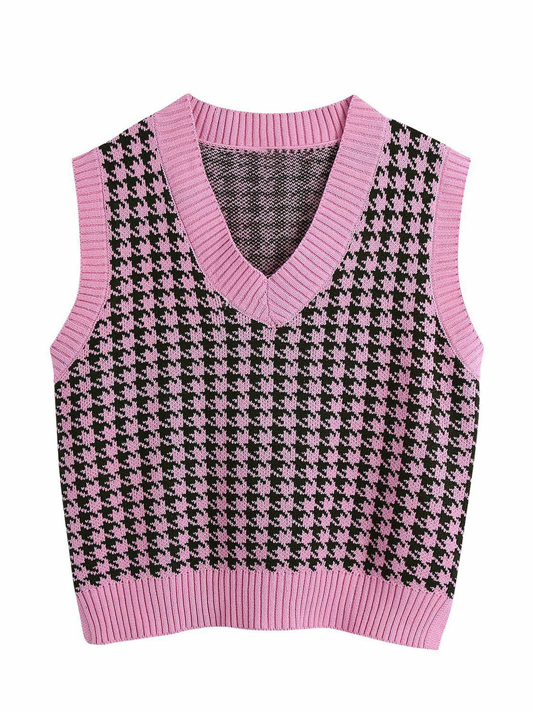 Houndstooth knit v-neck tank top in pink with black pattern.