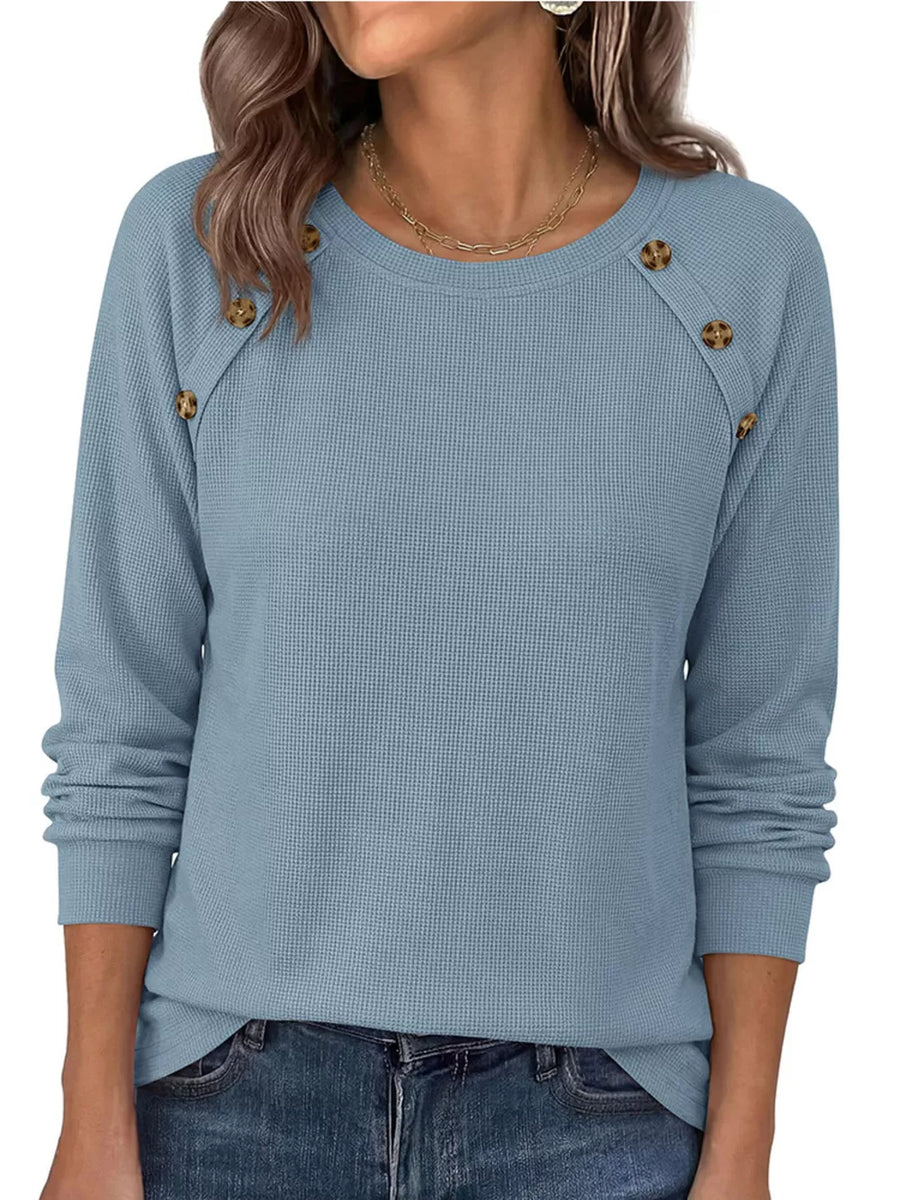 Decorative Button Waffle Knit Long Sleeve T-shirt in Sage with waffle knit texture